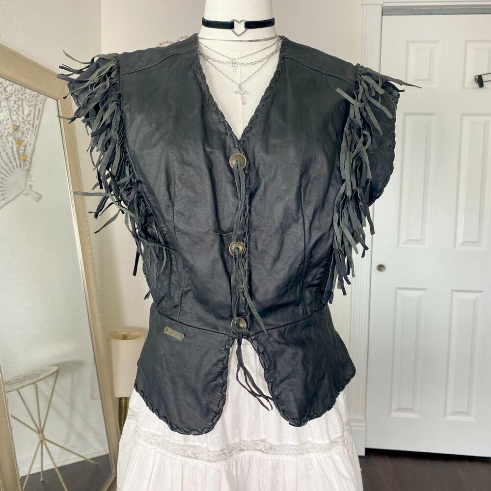 Vintage Harley Davidson 80s Black Quality Leather Fringe Biker Vest Size M - Picture 2 of 7